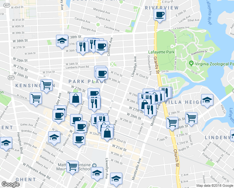 map of restaurants, bars, coffee shops, grocery stores, and more near 320 West 28th Street in Norfolk