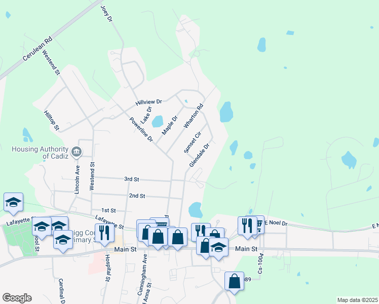map of restaurants, bars, coffee shops, grocery stores, and more near 119-165 Sunset Circle in Cadiz