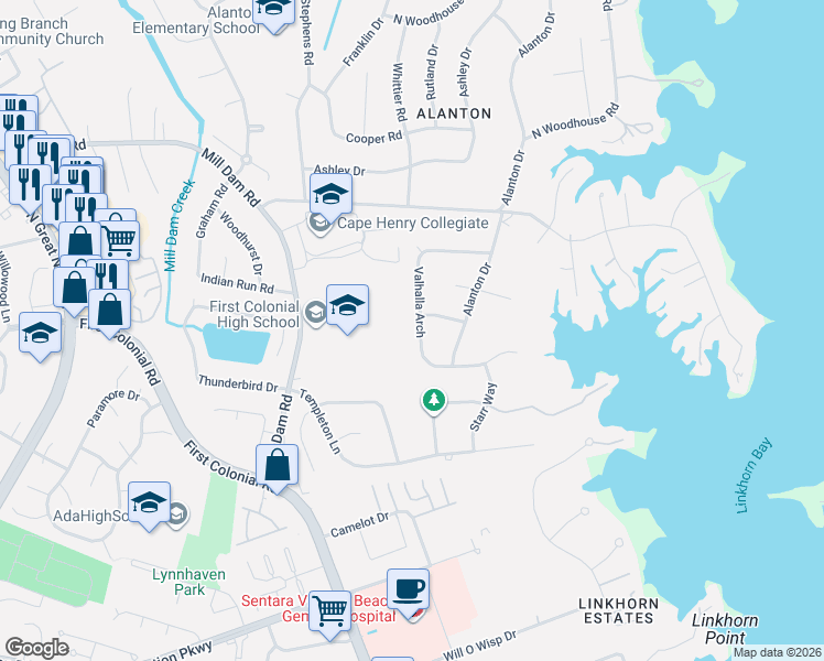 map of restaurants, bars, coffee shops, grocery stores, and more near 1758 Valhalla Arch in Virginia Beach