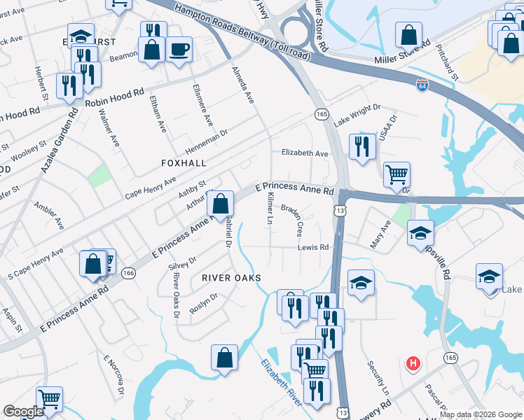 map of restaurants, bars, coffee shops, grocery stores, and more near 1466 Kilmer Lane in Norfolk