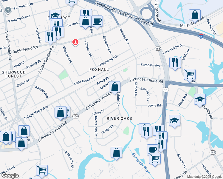 map of restaurants, bars, coffee shops, grocery stores, and more near 5380 East Princess Anne Road in Norfolk