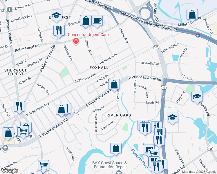 map of restaurants, bars, coffee shops, grocery stores, and more near 5328 Arthur Circle in Norfolk