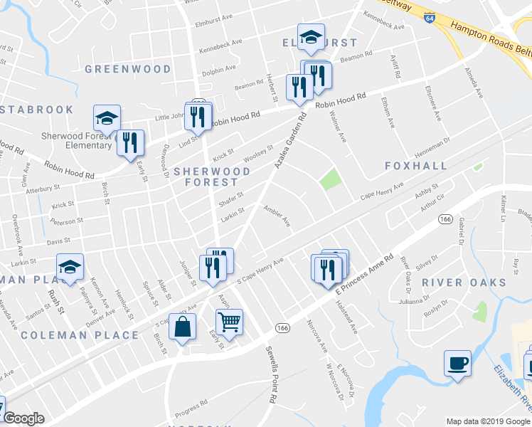 map of restaurants, bars, coffee shops, grocery stores, and more near 4918 Larkin Street in Norfolk