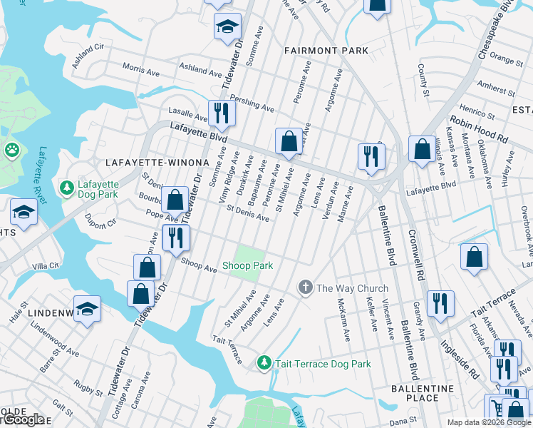map of restaurants, bars, coffee shops, grocery stores, and more near 3020 Peronne Avenue in Norfolk