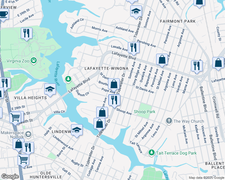 map of restaurants, bars, coffee shops, grocery stores, and more near 1800 Bourbon Avenue in Norfolk