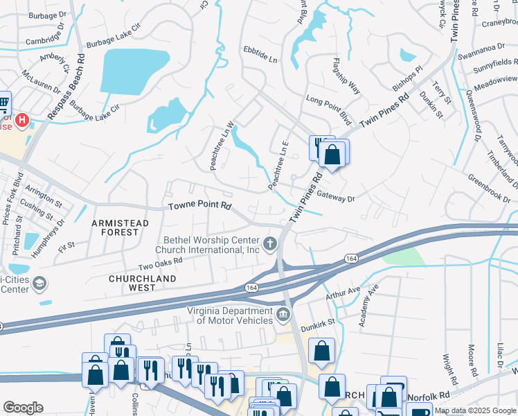 map of restaurants, bars, coffee shops, grocery stores, and more near 3716A Towne Point Road in Portsmouth