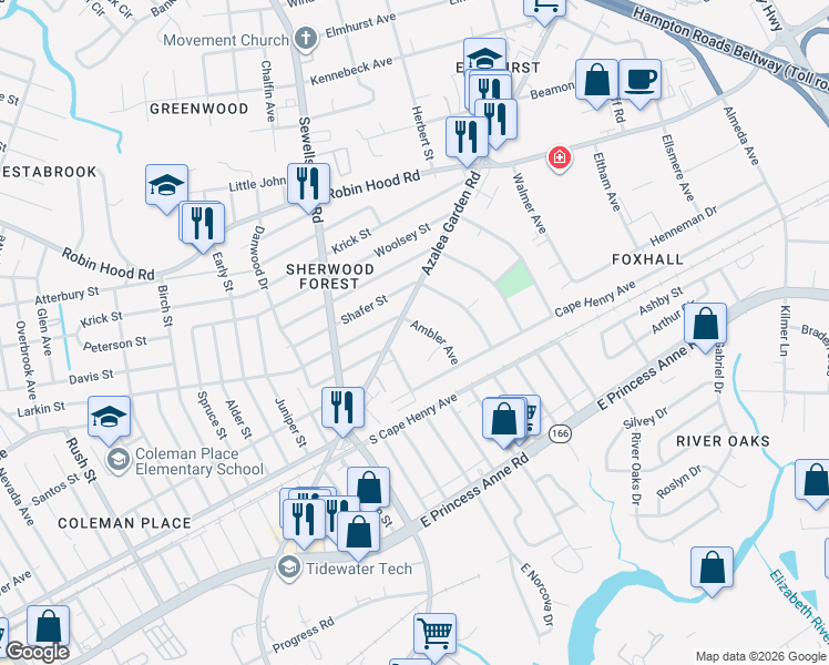 map of restaurants, bars, coffee shops, grocery stores, and more near 4918 Larkin Street in Norfolk