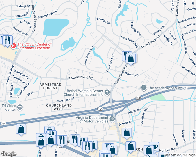 map of restaurants, bars, coffee shops, grocery stores, and more near 3740A Towne Point Road in Portsmouth