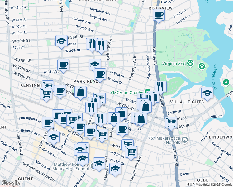 map of restaurants, bars, coffee shops, grocery stores, and more near 320 West 28th Street in Norfolk