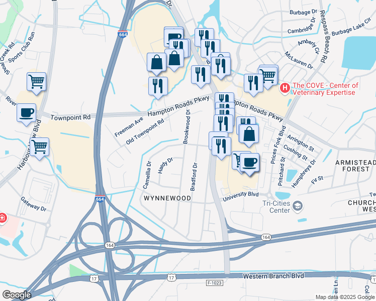 map of restaurants, bars, coffee shops, grocery stores, and more near 6101 Bradford Drive in Suffolk