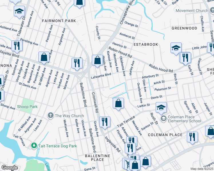 map of restaurants, bars, coffee shops, grocery stores, and more near 3416 Hanbury Street in Norfolk