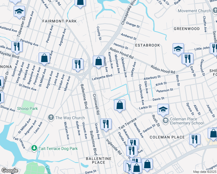 map of restaurants, bars, coffee shops, grocery stores, and more near 3416 Hanbury Street in Norfolk
