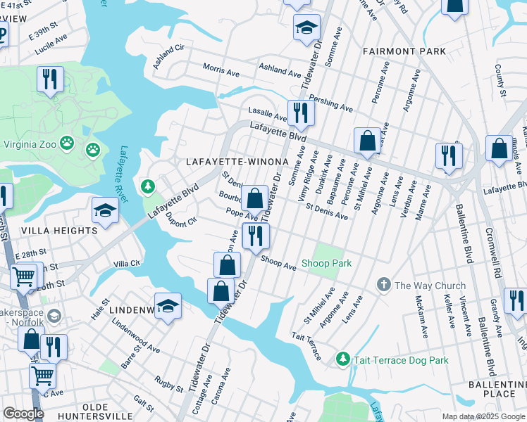 map of restaurants, bars, coffee shops, grocery stores, and more near 1905 Saint Denis Avenue in Norfolk