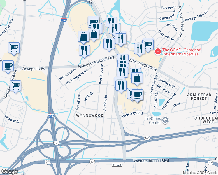 map of restaurants, bars, coffee shops, grocery stores, and more near 6101 Bradford Drive in Suffolk
