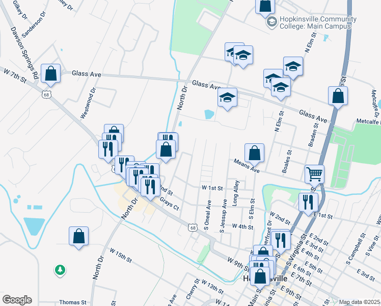 map of restaurants, bars, coffee shops, grocery stores, and more near 149-199 North McPherson Avenue in Hopkinsville