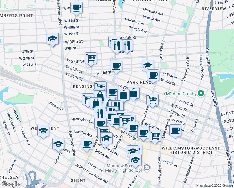 map of restaurants, bars, coffee shops, grocery stores, and more near 723 West 26th Street in Norfolk