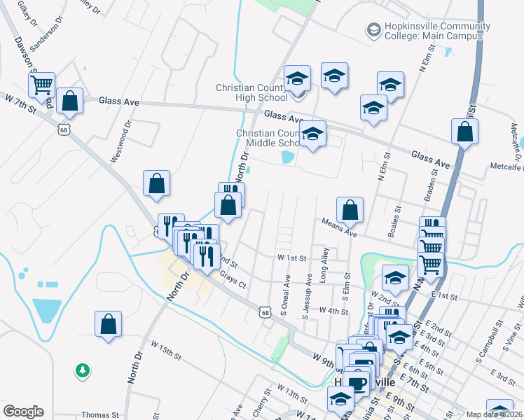 map of restaurants, bars, coffee shops, grocery stores, and more near 149 North McPherson Avenue in Hopkinsville