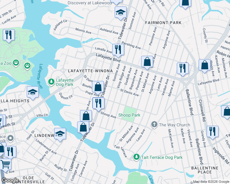 map of restaurants, bars, coffee shops, grocery stores, and more near 2014 Saint Denis Avenue in Norfolk