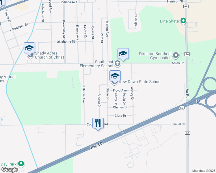 map of restaurants, bars, coffee shops, grocery stores, and more near 710 Glenn Drive in Sikeston