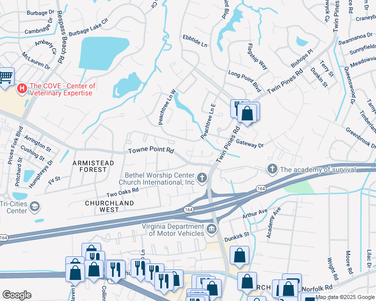 map of restaurants, bars, coffee shops, grocery stores, and more near 3744B Towne Point Road in Portsmouth