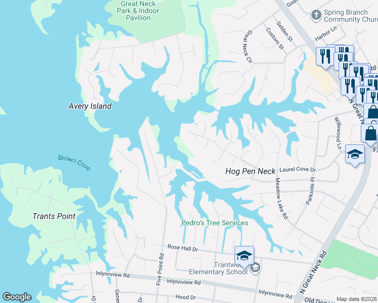 map of restaurants, bars, coffee shops, grocery stores, and more near 1290 Ketch Point in Virginia Beach