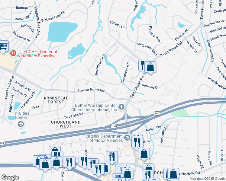 map of restaurants, bars, coffee shops, grocery stores, and more near 3744B Towne Point Road in Portsmouth
