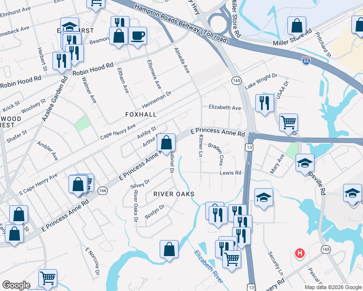map of restaurants, bars, coffee shops, grocery stores, and more near 5397 East Princess Anne Road in Norfolk