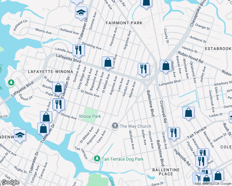 map of restaurants, bars, coffee shops, grocery stores, and more near 3106 Lens Avenue in Norfolk