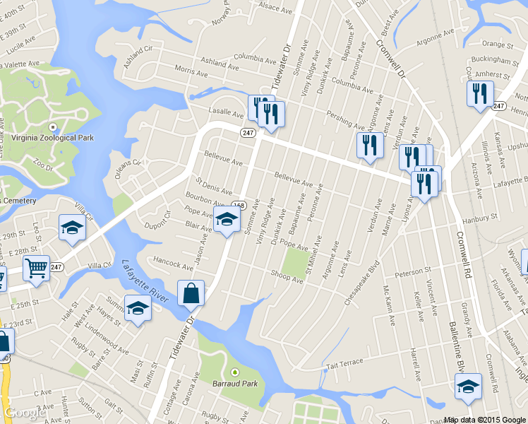 map of restaurants, bars, coffee shops, grocery stores, and more near 2014 Saint Denis Avenue in Norfolk