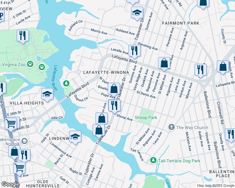 map of restaurants, bars, coffee shops, grocery stores, and more near 1905 Saint Denis Avenue in Norfolk