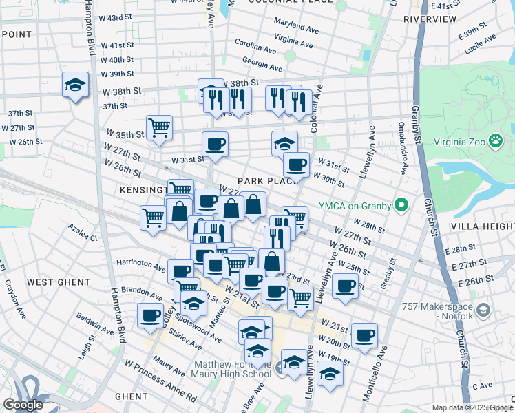 map of restaurants, bars, coffee shops, grocery stores, and more near 601 West 28th Street in Norfolk