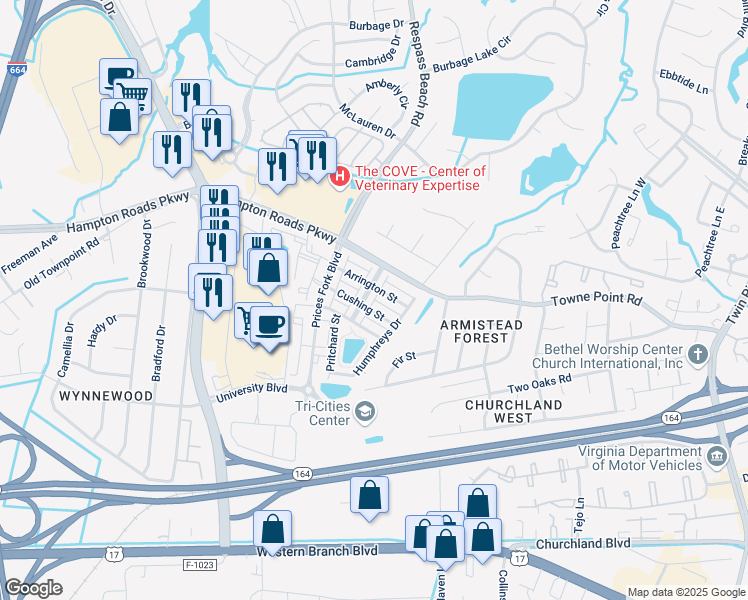map of restaurants, bars, coffee shops, grocery stores, and more near 8351 Lee Hall Avenue in Suffolk