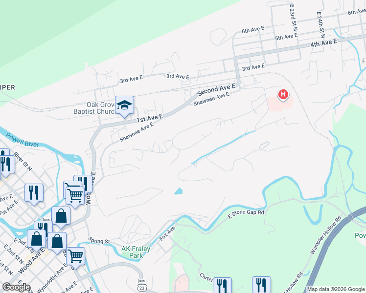 map of restaurants, bars, coffee shops, grocery stores, and more near 1421 Mountain View Ave E in Big Stone Gap