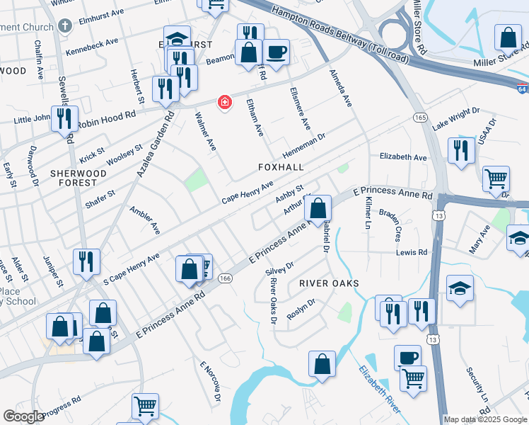 map of restaurants, bars, coffee shops, grocery stores, and more near 5308 Ashby Street in Norfolk