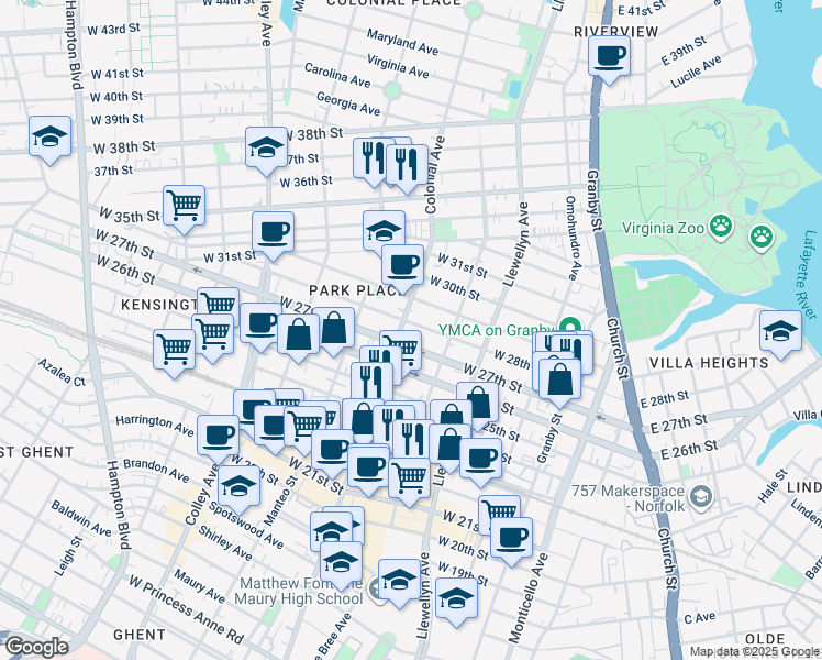 map of restaurants, bars, coffee shops, grocery stores, and more near 435 West 28th Street in Norfolk