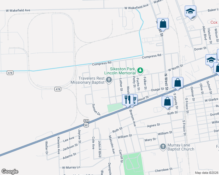map of restaurants, bars, coffee shops, grocery stores, and more near 224 Alabama Street in Sikeston