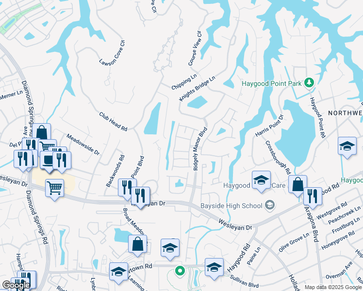 map of restaurants, bars, coffee shops, grocery stores, and more near 1217 Yarbrough Way in Virginia Beach