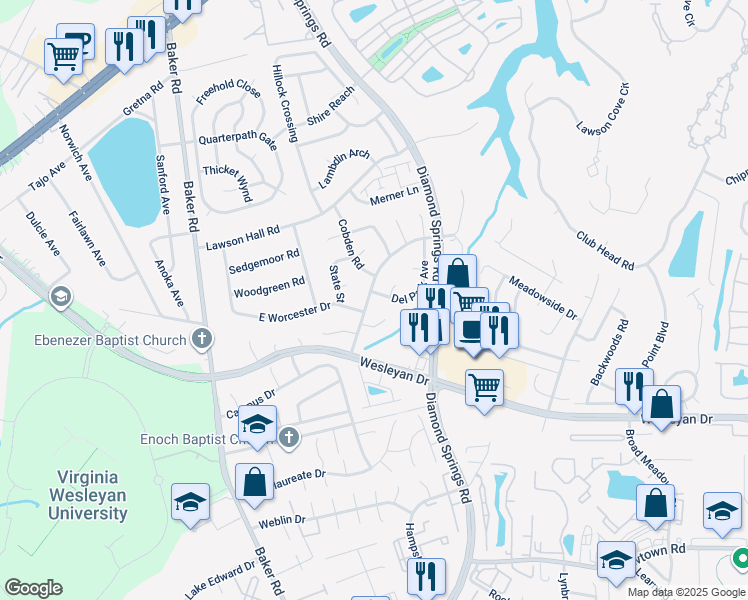 map of restaurants, bars, coffee shops, grocery stores, and more near 5500 Del Park Avenue in Virginia Beach