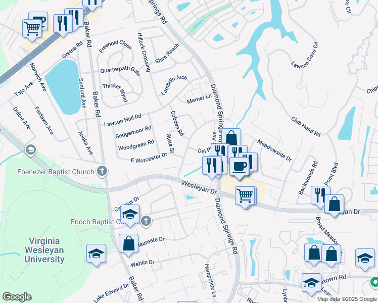 map of restaurants, bars, coffee shops, grocery stores, and more near 5500 Del Park Avenue in Virginia Beach