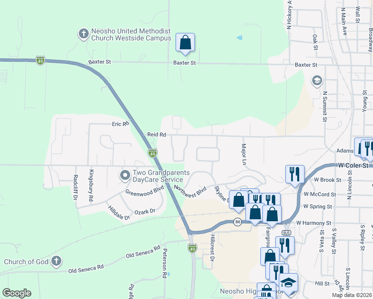 map of restaurants, bars, coffee shops, grocery stores, and more near 1653 Mayberry Drive in Neosho