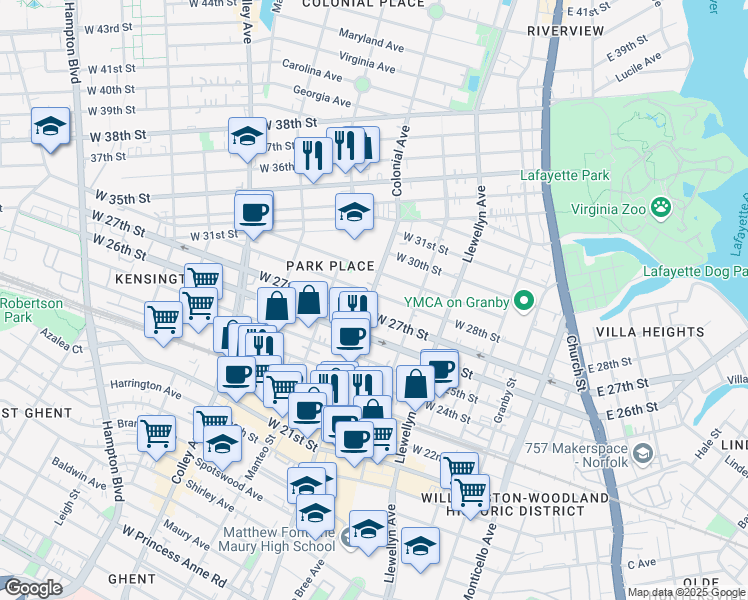 map of restaurants, bars, coffee shops, grocery stores, and more near 441 West 28th Street in Norfolk