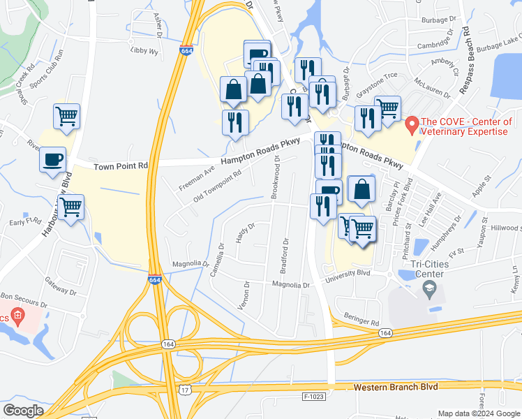 map of restaurants, bars, coffee shops, grocery stores, and more near 6076 Camellia Drive in Suffolk