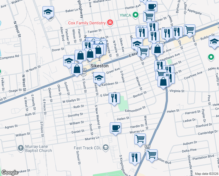 map of restaurants, bars, coffee shops, grocery stores, and more near 316 South Kingshighway in Sikeston