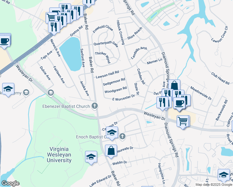 map of restaurants, bars, coffee shops, grocery stores, and more near 5620 Woodgreen Road in Virginia Beach
