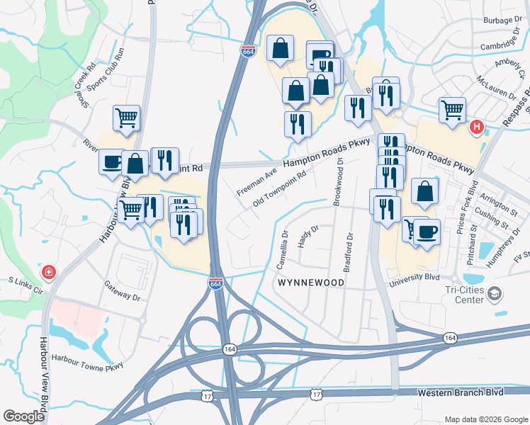 map of restaurants, bars, coffee shops, grocery stores, and more near 6273 Old Townpoint Road in Suffolk