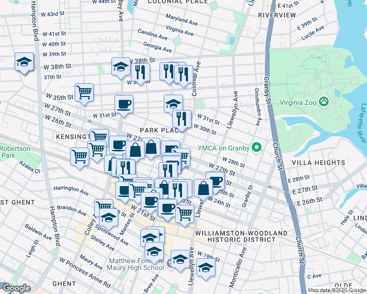 map of restaurants, bars, coffee shops, grocery stores, and more near 441 West 28th Street in Norfolk