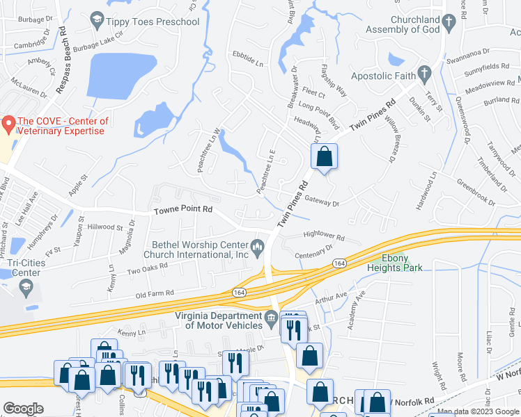 map of restaurants, bars, coffee shops, grocery stores, and more near 3696A Towne Point Road in Portsmouth