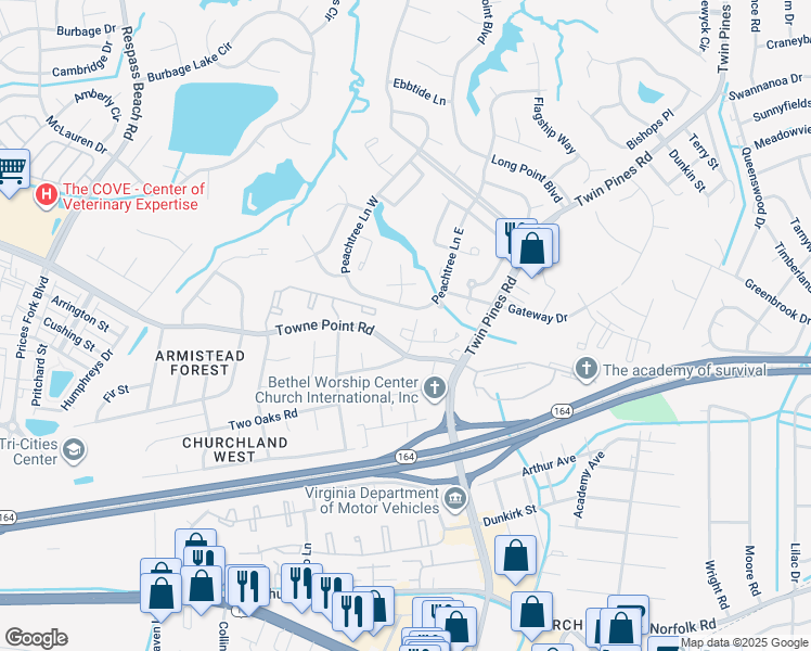 map of restaurants, bars, coffee shops, grocery stores, and more near 3716A Towne Point Road in Portsmouth
