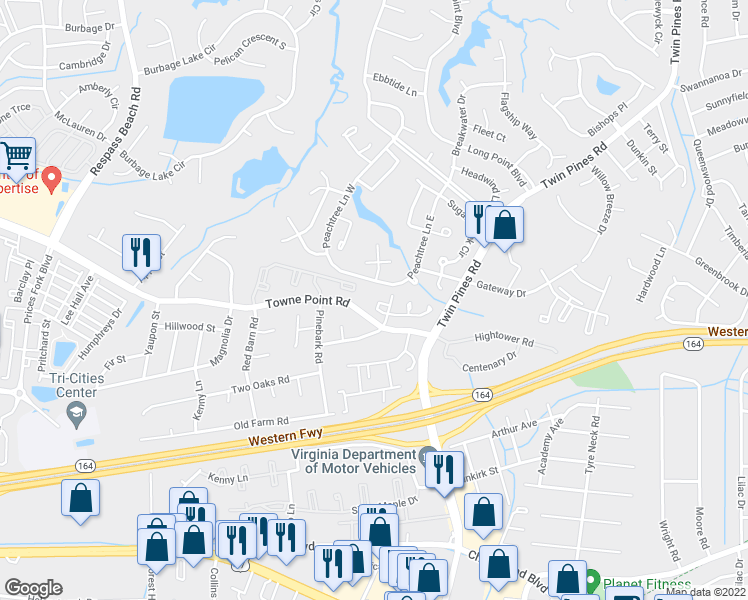 map of restaurants, bars, coffee shops, grocery stores, and more near 3752A Towne Point Road in Portsmouth