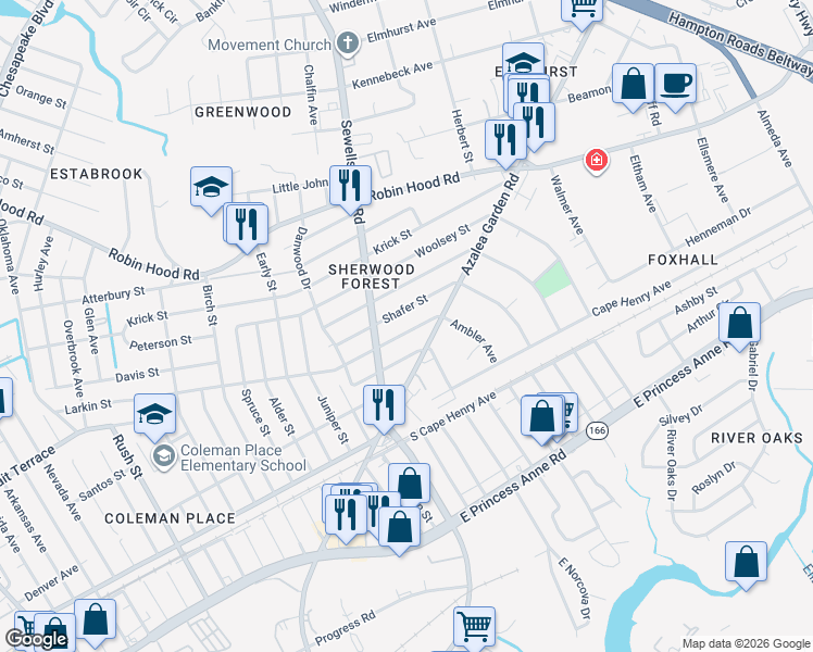 map of restaurants, bars, coffee shops, grocery stores, and more near 4829 Shafer Street in Norfolk